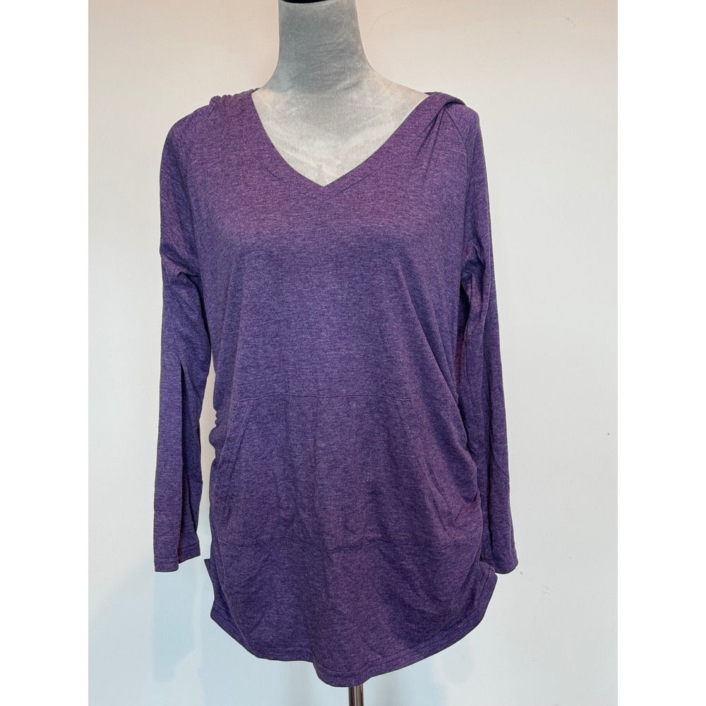 Purple Heathered V-Neck Hooded Tunic Long Sleeve Kangaroo Pocket Top